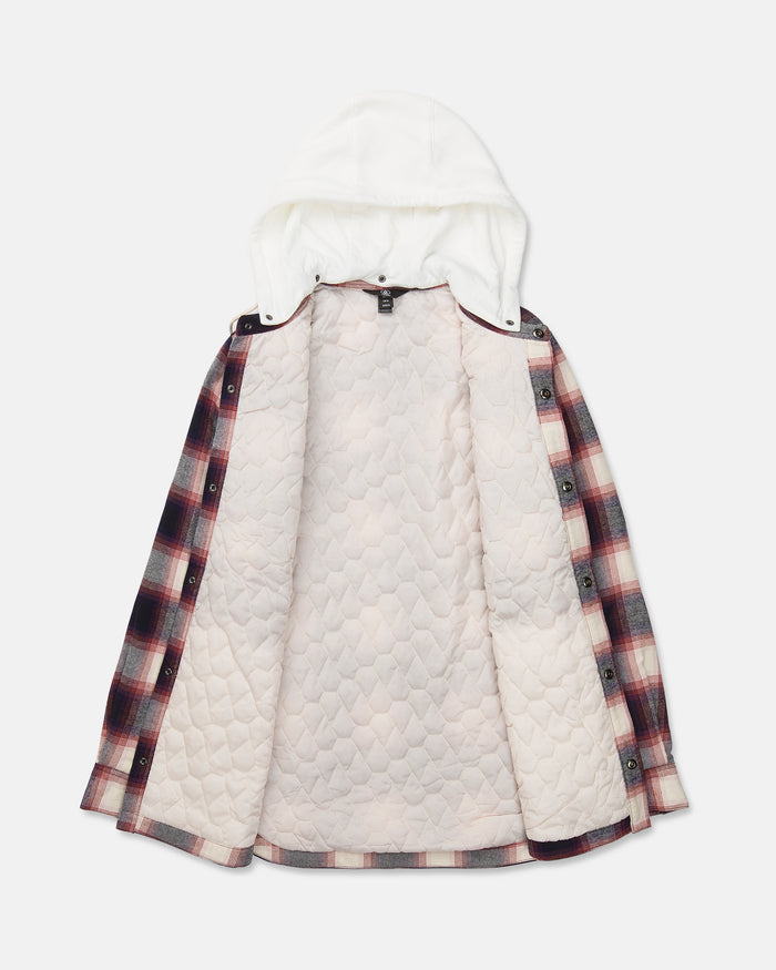 The Men’s Enson Insulated Riding Flannel by Volcom is displayed open to reveal its quilted cream-colored lining for extra warmth and an attached fleece hood. Featuring a classic red, black, and white plaid design, this insulated flannel blends timeless style with cozy comfort.