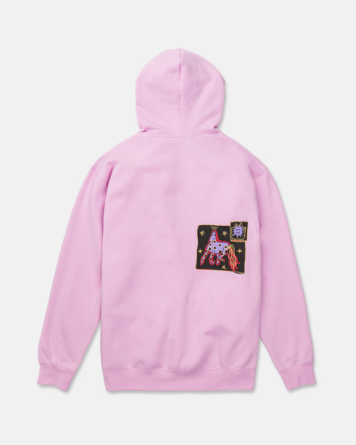 The Volcom Men’s Essential Hoodie in light pink is crafted from soft cotton-poly fleece and features a back patch designed by Arthur Longo, showcasing a colorful abstract horse with a small square above it, all surrounded by stars and shapes on a black background.