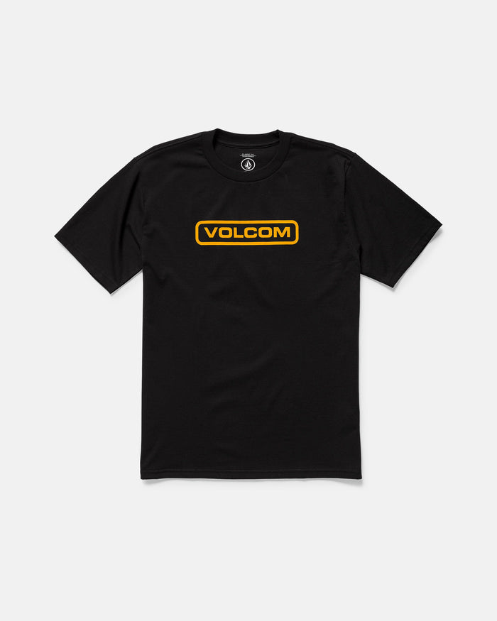The Volcom Men's Eurobox Short Sleeve Tee is a black, classic-fit T-shirt with "VOLCOM" in bold yellow letters inside a yellow rectangle on the chest. Made from 100% cotton with a crew neck, shown on a plain white background.