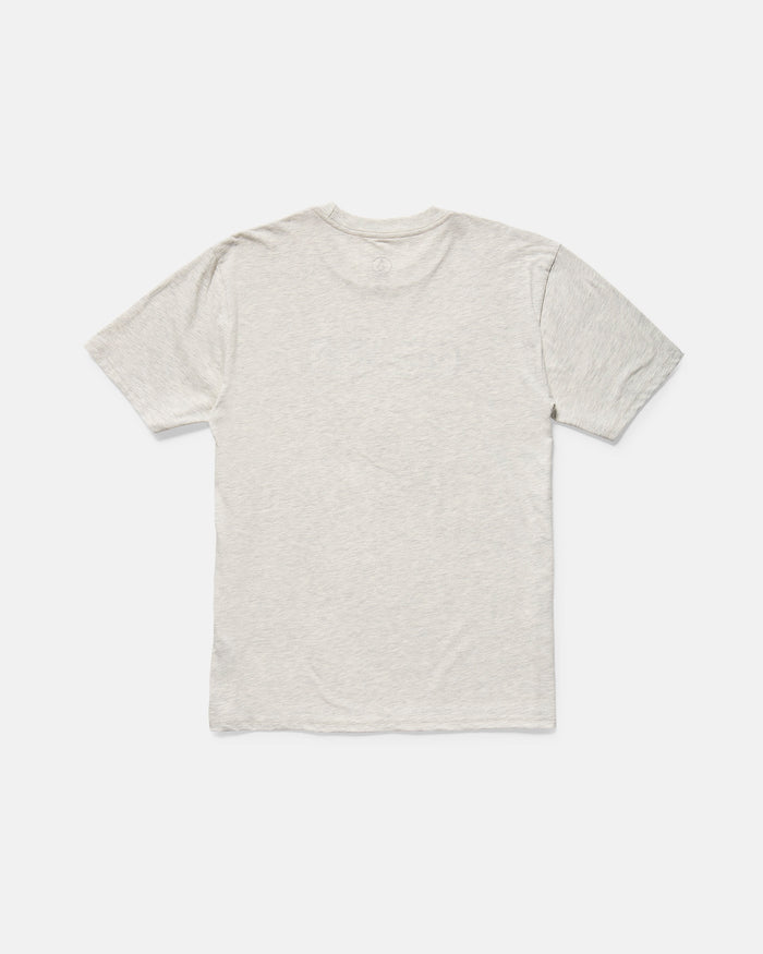 The Volcom Men's Eurobox Short Sleeve Tee is a classic fit cotton t-shirt in light gray, shown from the back and laid flat on a white background.