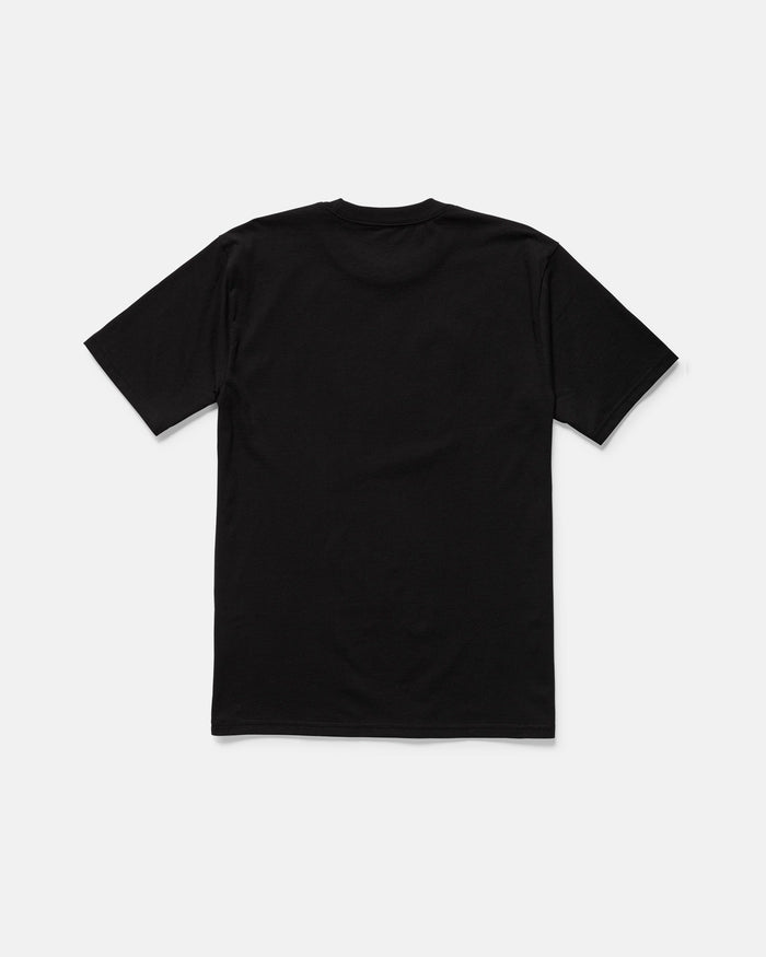 The Volcom Men's Eurobox Short Sleeve Tee is a classic fit black crew neck t-shirt, shown laid flat with the back side facing up on a white background.