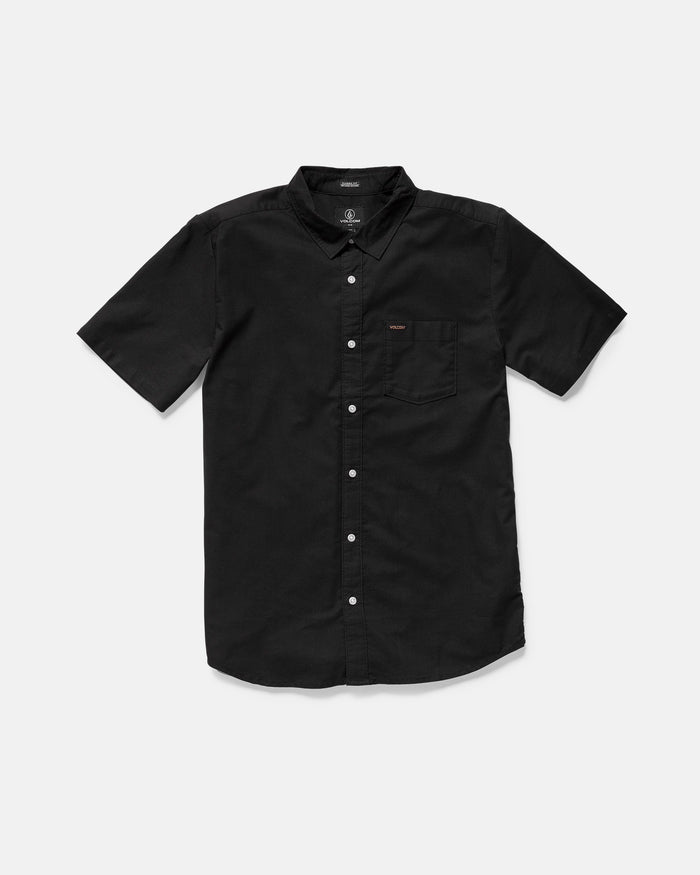 Black short-sleeve button-up shirt on a white background