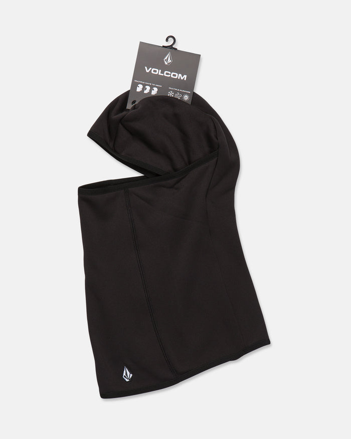 A black Volcom Men’s Face Pow neck gaiter with a hood is displayed flat against a white background, featuring the product tag attached at the top. Designed as a pull-over balaclava, this versatile piece for men showcases the Volcom logo on the lower corner.