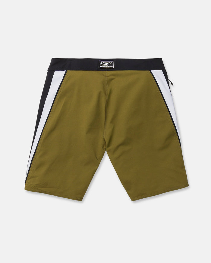 Men's Facet Mod board shorts by Volcom in olive green and black, featuring white side panels, a black waistband, and a small Volcom logo patch on the back waist, displayed flat on a white background.