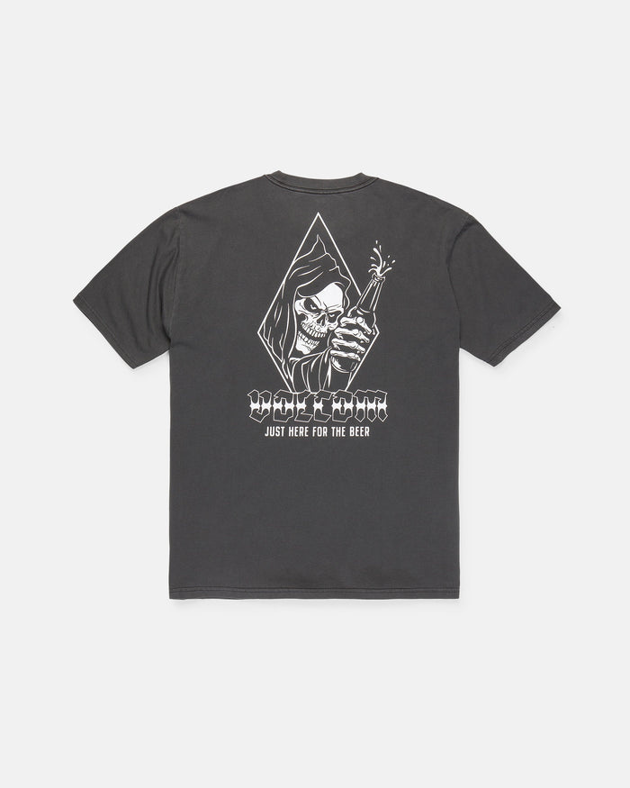 The Men's Fear No Beer Short Sleeve Tee by Volcom is a loose fit black graphic cotton shirt, featuring a white hooded skeleton holding a beer bottle. The design includes the phrases "DEATHWISH," "JUST HERE FOR THE BEER," and "Fear No Beer.