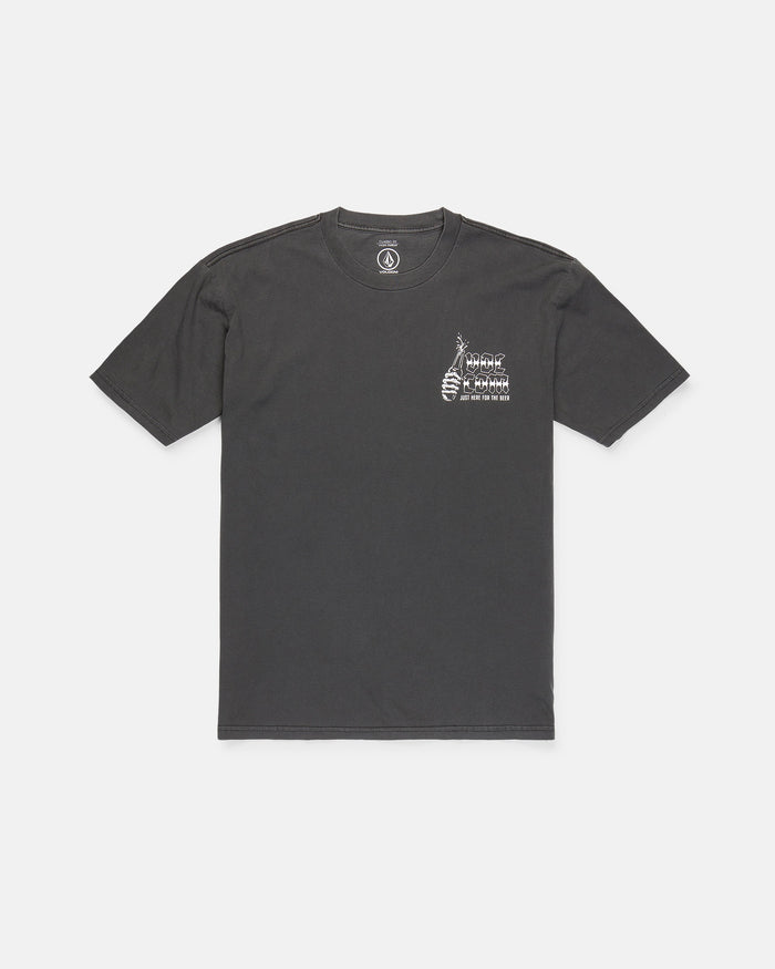 The Volcom Men's Fear No Beer Short Sleeve Tee is a black, loose-fit cotton t-shirt featuring a small white DNA helix and "Fear No Beer" text graphic on the left chest, shown laid flat on a white background.