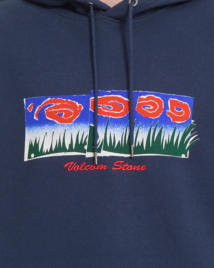 The Men’s Featured Artist Antonio Carrau Pullover by Volcom is a navy hoodie made from heavyweight fleece, showcasing a vibrant graphic of red swirls, green grass, and a blue sky. “Volcom Stone” is boldly written in red script beneath the artwork.