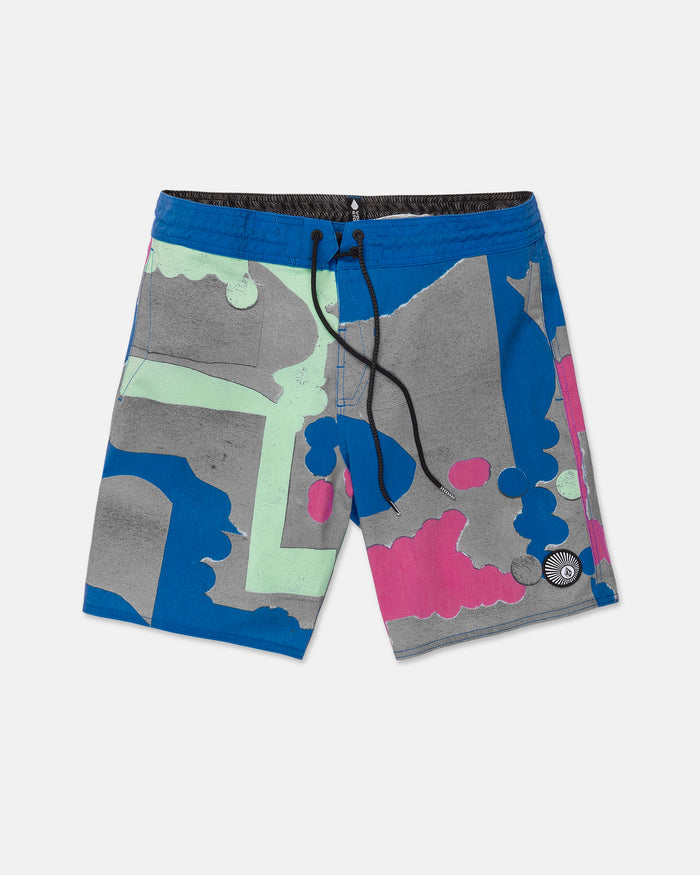 Volcom Men's Featured Artist Antonio Carrau Stoney Trunks featuring an abstract pattern in blue, gray, pink, and green, with a black Cinch Fly drawstring and a small round logo patch on the lower left leg.