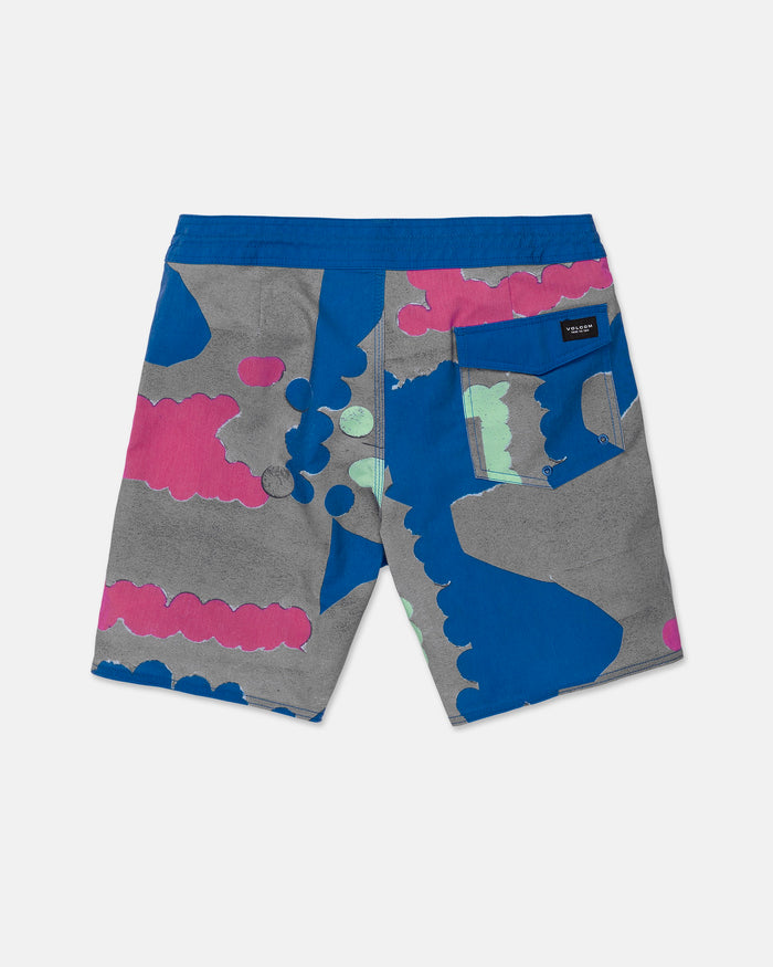 The Volcom Men's Featured Artist Antonio Carrau Stoney Trunks showcase a vibrant abstract pattern in blue, gray, pink, and mint green. Designed with the signature Cinch Fly for enhanced comfort, these 18" Stoney trunks feature a back pocket with a black label detail and are displayed flat on a white background.