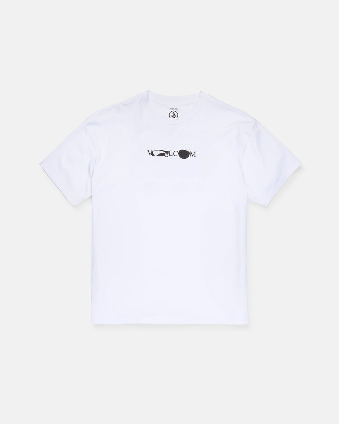 The Volcom Men's Featured Artist Head Check Short Sleeve Tee is crafted from premium ringspun cotton and showcases a black and white abstract logo with centered text on the chest. Inspired by Antonio Carrau’s distinctive style, this tee is photographed against a plain light gray background.