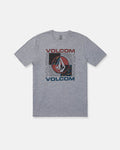 The Volcom Men's Filled Out Short Sleeve Tee is a medium-weight, gray heather t-shirt featuring the word "VOLCOM" and the iconic Volcom Stone logo in red, blue, and black—arranged both vertically and horizontally at the center. This modern fit tee is finished with a soft-hand screen print for all-day comfort.