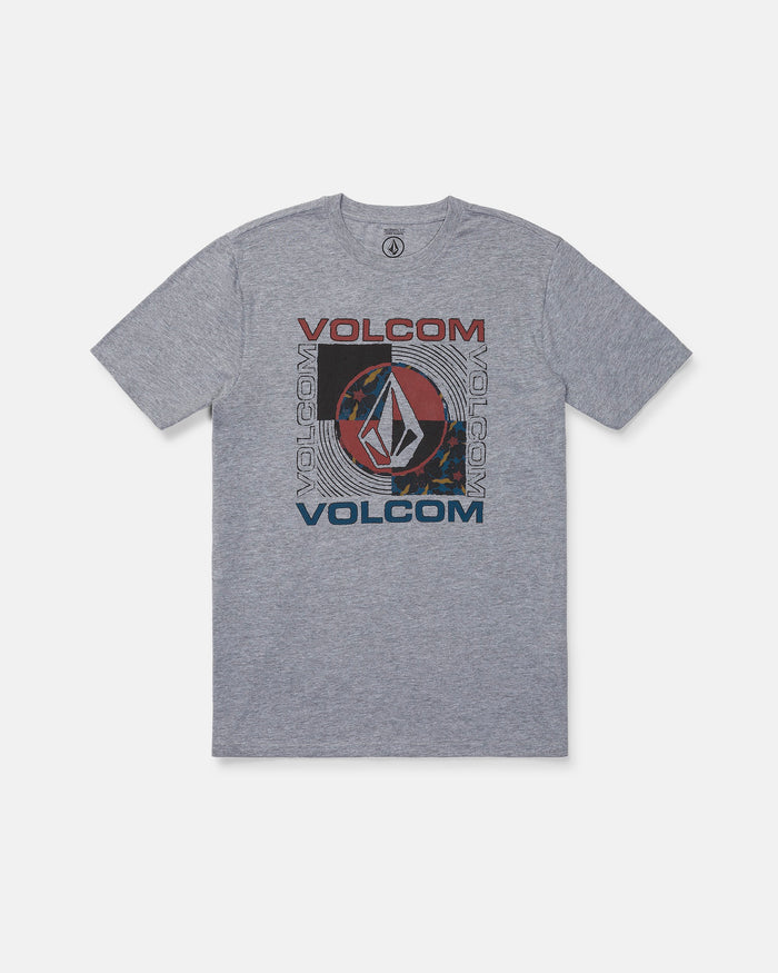 The Volcom Men's Filled Out Short Sleeve Tee is a medium-weight, gray heather t-shirt featuring the word "VOLCOM" and the iconic Volcom Stone logo in red, blue, and black—arranged both vertically and horizontally at the center. This modern fit tee is finished with a soft-hand screen print for all-day comfort.