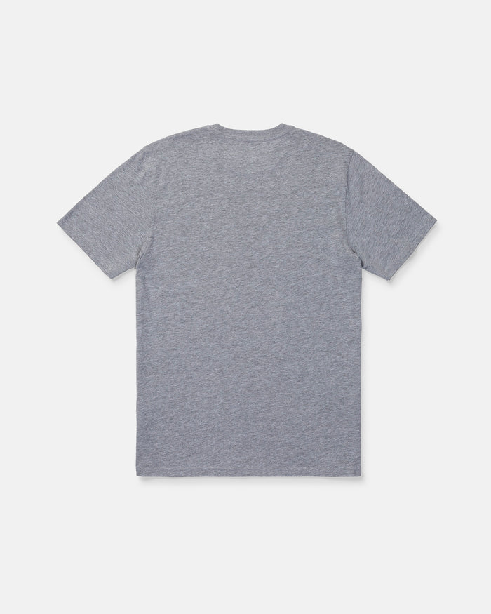 A Volcom Men's Filled Out Short Sleeve Tee in heather gray is laid flat, viewed from the back, on a white background. This medium-weight tee provides comfort and versatility for everyday wear.