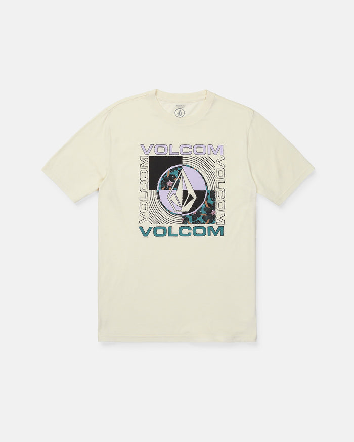 Introducing the Men's Filled Out Short Sleeve Tee by Volcom—this off-white, modern-fit shirt features a vibrant geometric graphic and the word "VOLCOM" repeated three times across the chest. Made from soft ring-spun cotton for enhanced comfort, it displays a soft-hand screen print with Volcom’s stylized stone logo prominently centered within the design.