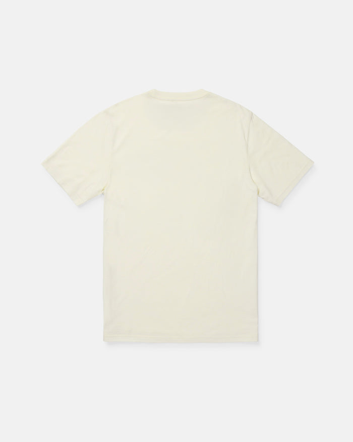 Back view of the Volcom Men's Filled Out Short Sleeve Tee in off-white, featuring a modern fit and short sleeves, laid flat on a white background.