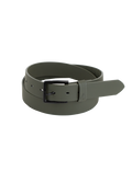 A rolled-up olive green Men's Flat Bar PU Belt by Volcom, featuring a matte black branded metal buckle, displayed on a plain white background.