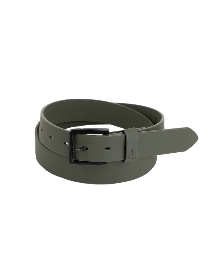 A rolled-up olive green Men's Flat Bar PU Belt by Volcom, featuring a matte black branded metal buckle, displayed on a plain white background.
