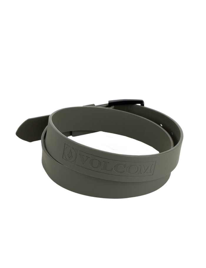A rolled-up Men's Flat Bar PU Belt by Volcom in olive green, showcased with a branded metal buckle and the Volcom logo embossed on the band, displayed against a white background.