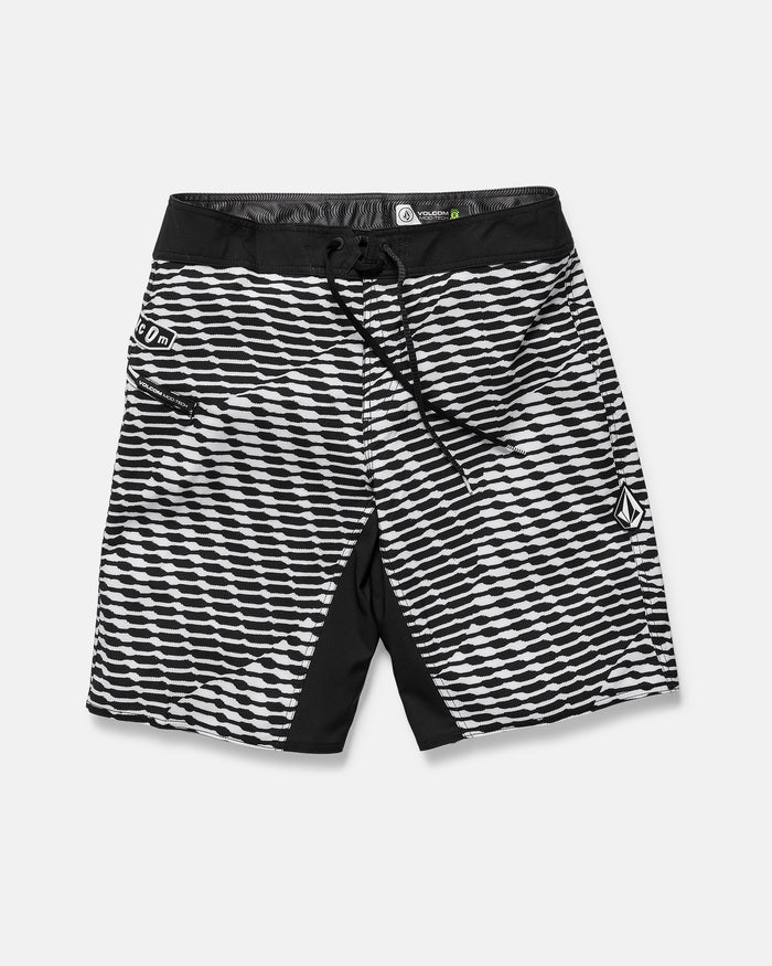The Volcom Men's Fomenter Mod board shorts feature a black and white wavy geometric stripe, black drawstring waistband, REPREVE recycled fibers, 4-way stretch, small zipper pocket, and a white left leg logo.