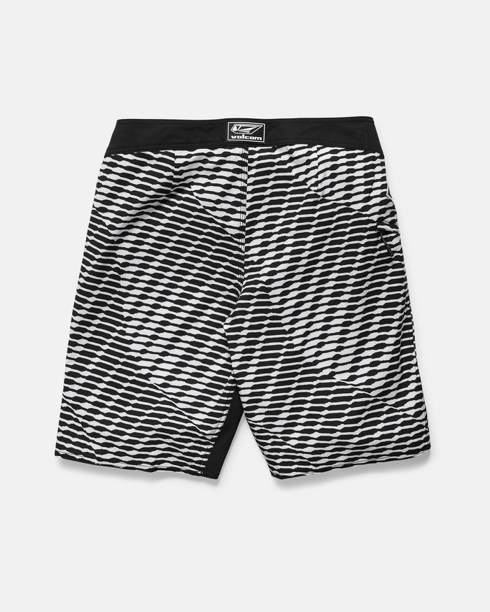 The Volcom Men's Fomenter Mod shorts feature a geometric black and white diagonal striped pattern, a solid black waistband, and 4-way stretch for comfort, shown flat on a white background.