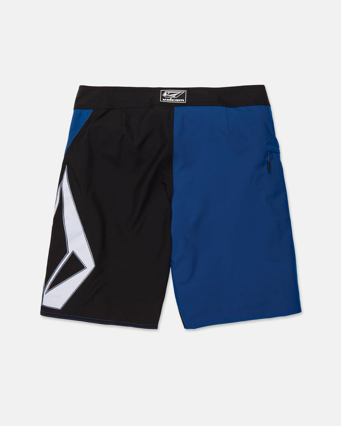 Introducing the Volcom Men's Foster Mod 21" boardshorts, featuring one black leg with a large white Volcom logo and one blue leg with a zip side pocket. These shorts include a black waistband accented by a Volcom tag, and are designed in a loose fit for all-day comfort.