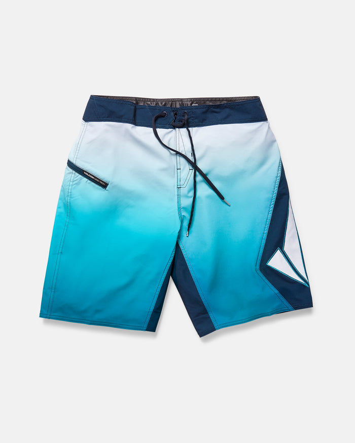 The Volcom Men's Foster Mod 21" boardshorts feature a blue and white gradient, geometric leg pattern, 21" outseam, black drawstring waistband with Cinch Fly Technology, and a side zipper pocket. Laid flat on a white background.