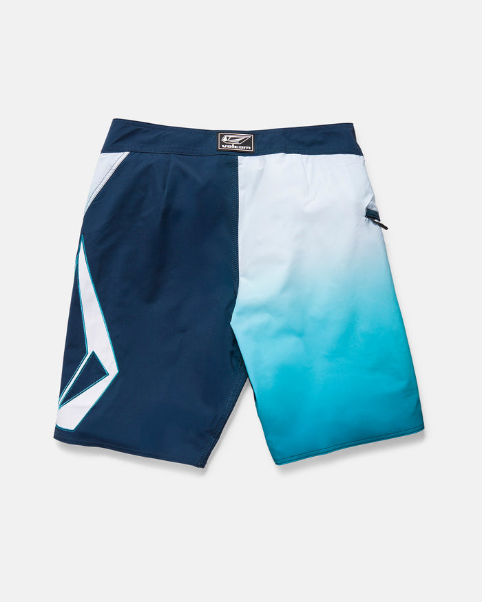 The Volcom Men's Foster Mod 21" boardshort features a blue and white gradient with a left-leg geometric print, Cinch Fly Technology, side zip pocket, black waistband logo patch, and a comfy 21-inch outseam.