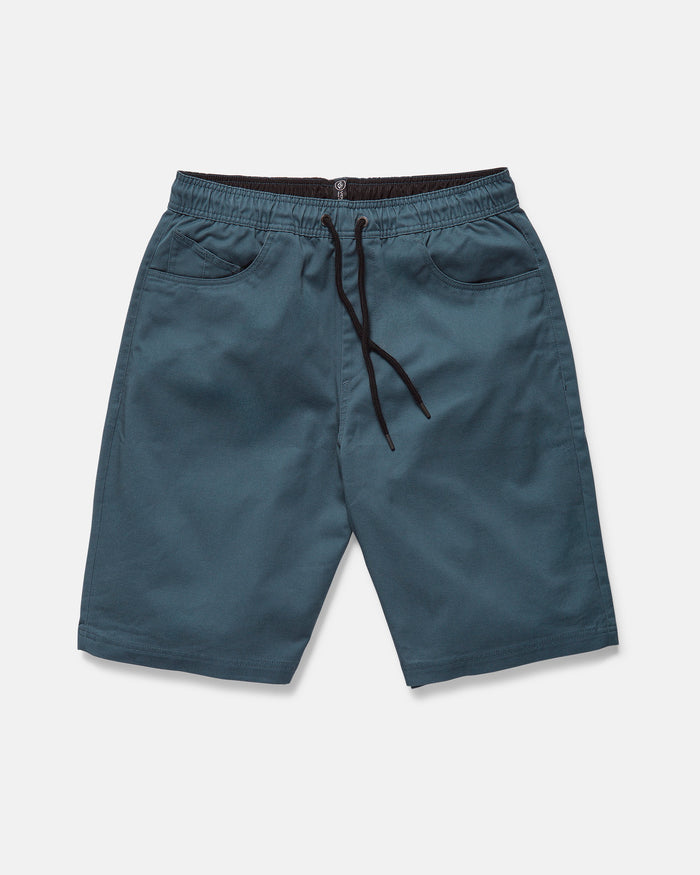 Volcom Men's Freazy Loose Elastic Waist 22" Shorts in teal blue corduroy with a black drawstring and two front pockets, shown on a white background.