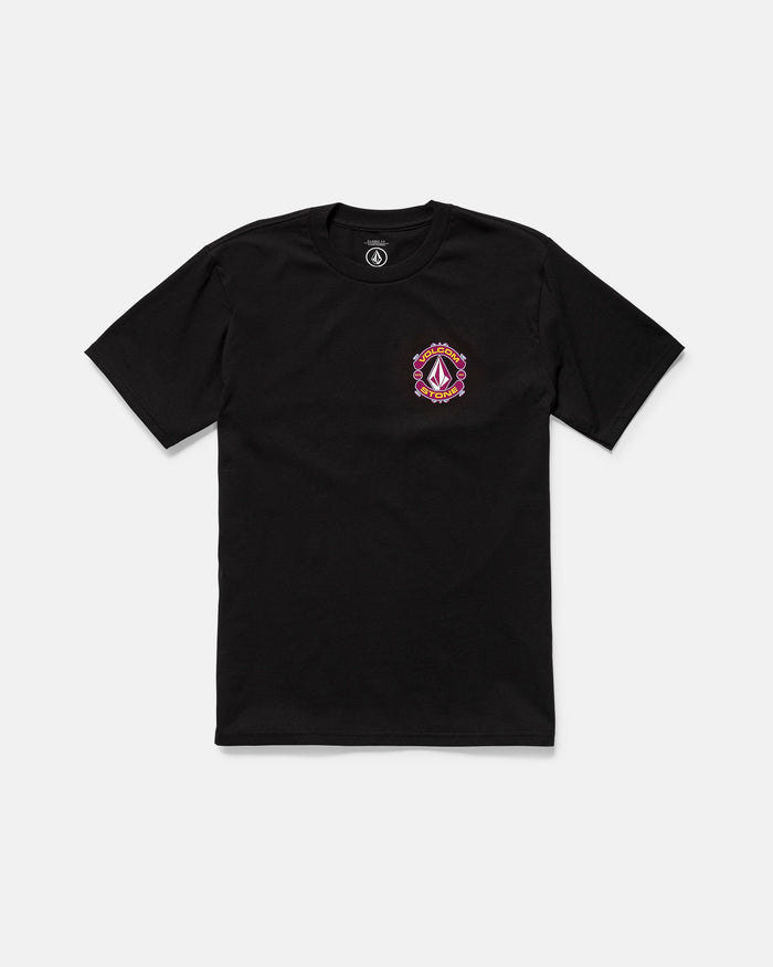 The Volcom Men's Freekick Short Sleeve Tee in black features a classic fit, breathable cotton, and a small colorful crest with geometric logo graphic on the left chest, shown on a plain white background.