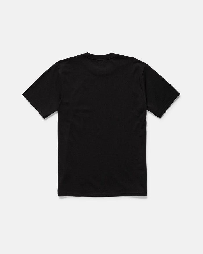 The Volcom Men's Freekick Short Sleeve Tee in black is shown flat with the back side visible on a white background. Made from breathable cotton, this classic fit shirt delivers comfort and timeless style.