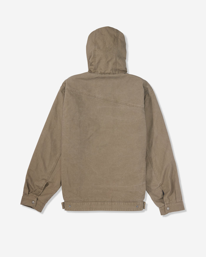 Back view of the Men's Freshdust Workwear Jacket by Volcom in light brown, with a hood, long sleeves, large hand and chest pockets, buttoned cuffs, and adjustable hem straps, shown against a plain white background.