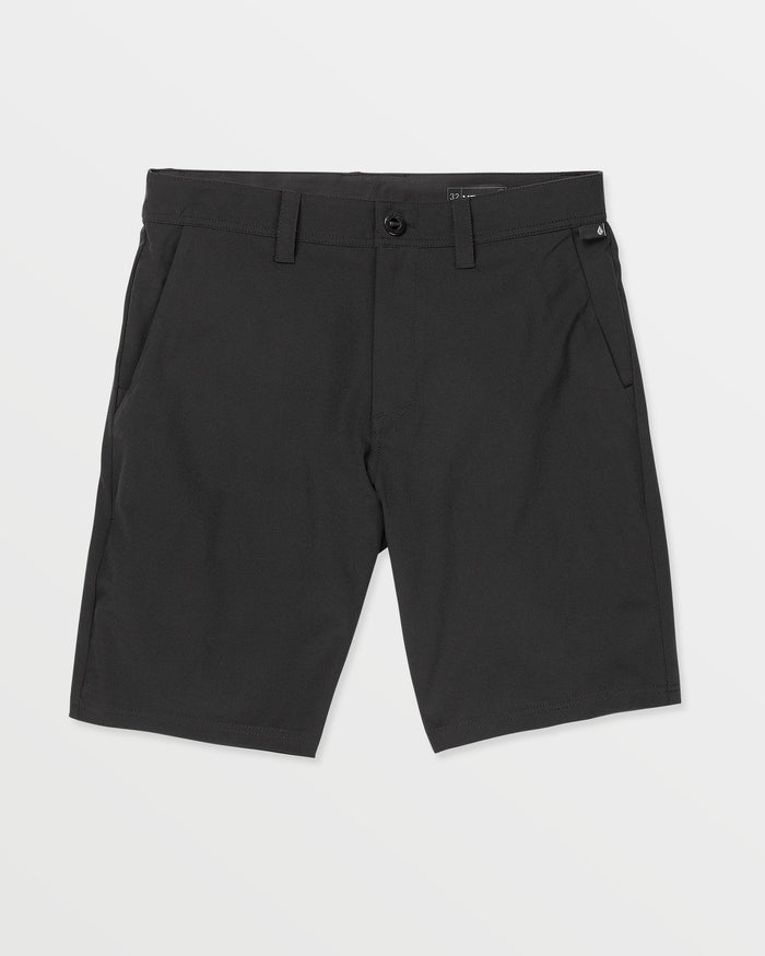 The Volcom Men's Frickin Cross Shred 20" Shorts, in black, feature belt loops, front pockets, and a button closure, shown against a plain white background.