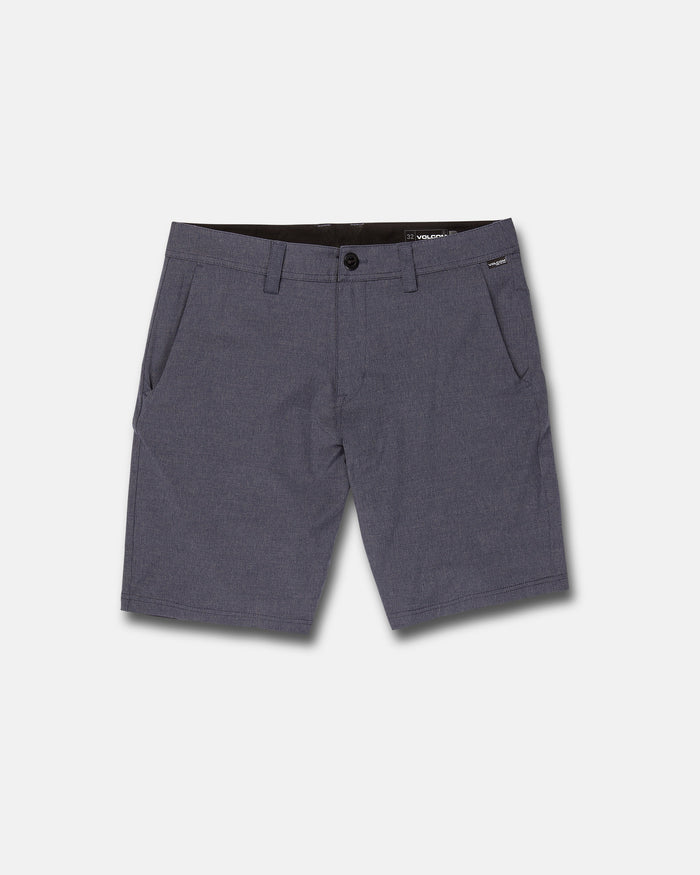 Men's Frickin Cross Shred Static Shorts by Volcom in dark gray, featuring front pockets, belt loops, and a button closure, shown on a plain white background.