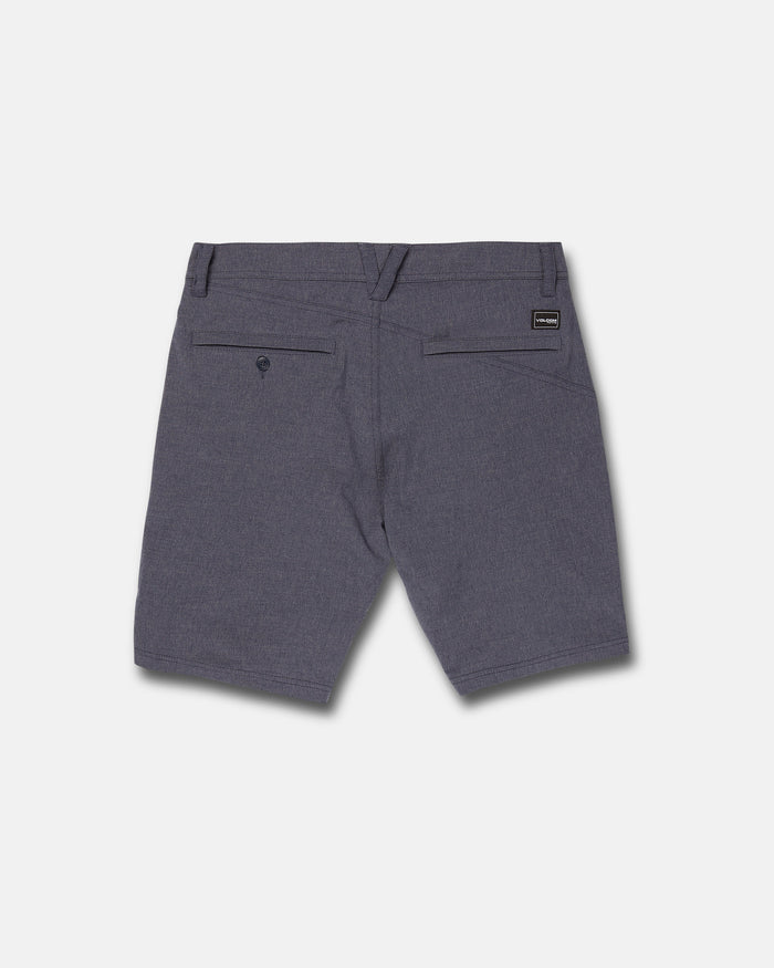 Back view of Volcom Men's Frickin Cross Shred Static Shorts in heathered charcoal with belt loops, two back pockets—one buttoned—and a small black label above the right pocket, shown on a plain light gray background.