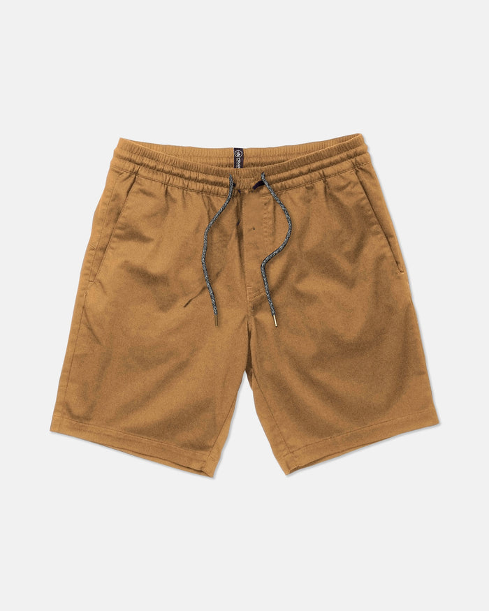 The Volcom Men's Frickin Elastic Waist Shorts in brown, made with REPREVE recycled fibers, feature a black drawstring and side pockets and are shown laid flat on a white background.