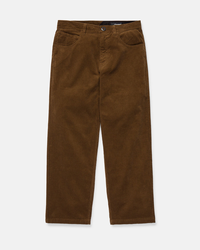 A pair of Volcom Men's Frickin Loose Tapered Cord pants in a rich Desert Palm shade, crafted from 100% cotton corduroy with a button and zipper closure, front pockets, and straight legs, laid flat on a white background.