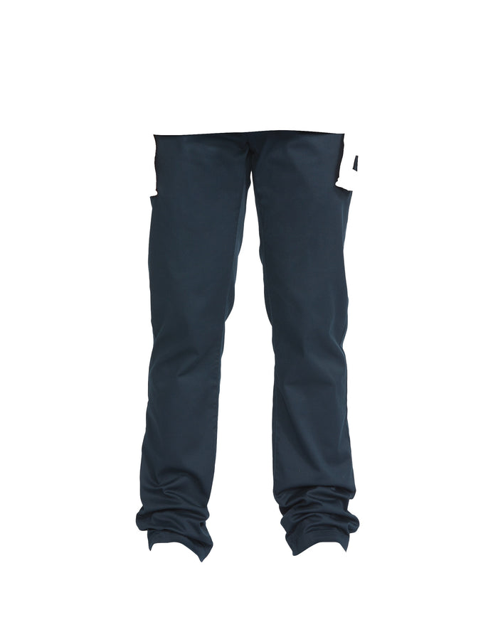 The Men's Frickin Modern Stretch Pants by Volcom in dark blue feature a straight-leg fit, are made with recycled polyester, and are displayed against a white background.