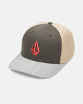 The Volcom Men's Full Stone Heather Flexfit Hat is a two-tone 6-panel cap with a gray brim, dark brown front panels, beige side panels, and a red geometric logo embroidered on the front for style and comfort.