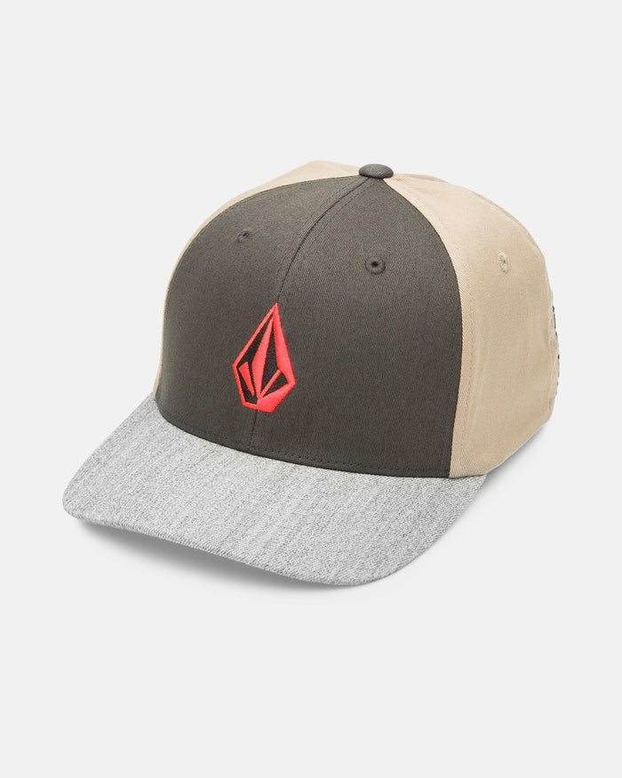 The Volcom Men's Full Stone Heather Flexfit Hat is a two-tone 6-panel cap with a gray brim, dark brown front panels, beige side panels, and a red geometric logo embroidered on the front for style and comfort.