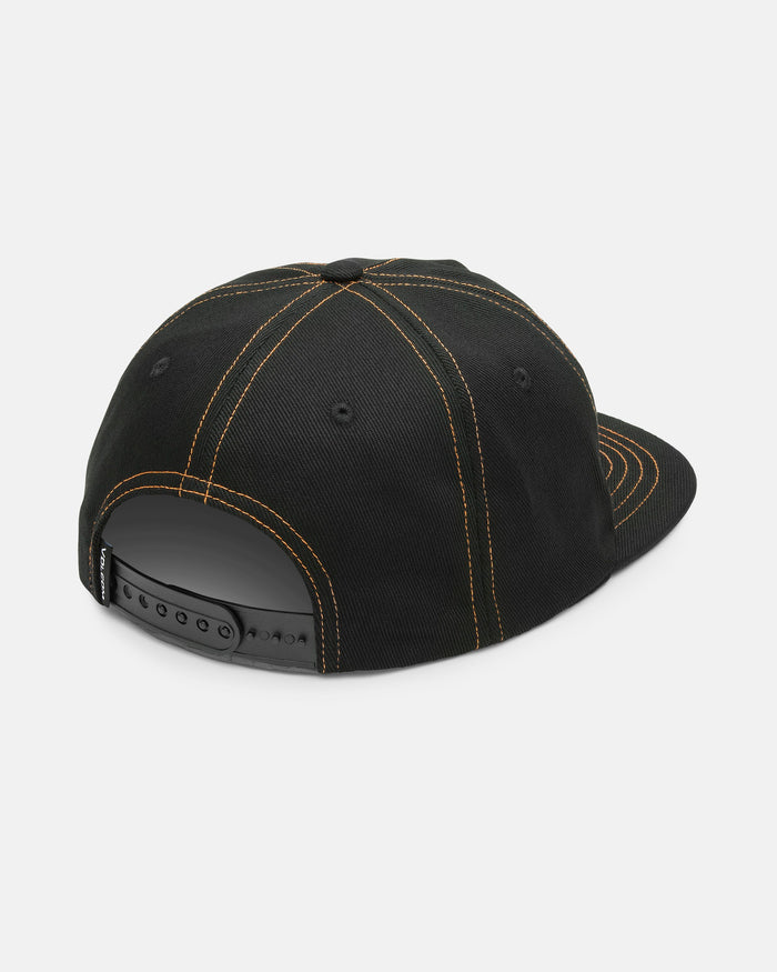 The Volcom Men's Fundamentals Work Hat, a black cotton twill snapback, is pictured from the back, showcasing its adjustable strap and curved bill against a plain white background.
