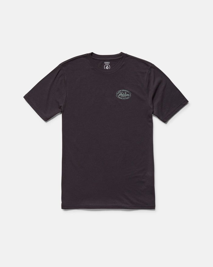 The Volcom Men's Garaged Short Sleeve Tee is a washed black heather tee with a small oval logo on the left chest, shown on a white background.