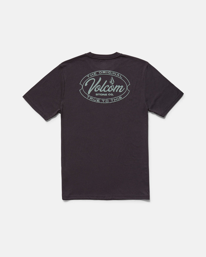The Men's Garaged Short Sleeve Tee by Volcom is a modern fit, washed black heather tee with a bold Volcom Stone Co. logo and "The Original, True To This" in blue-green on the upper back.