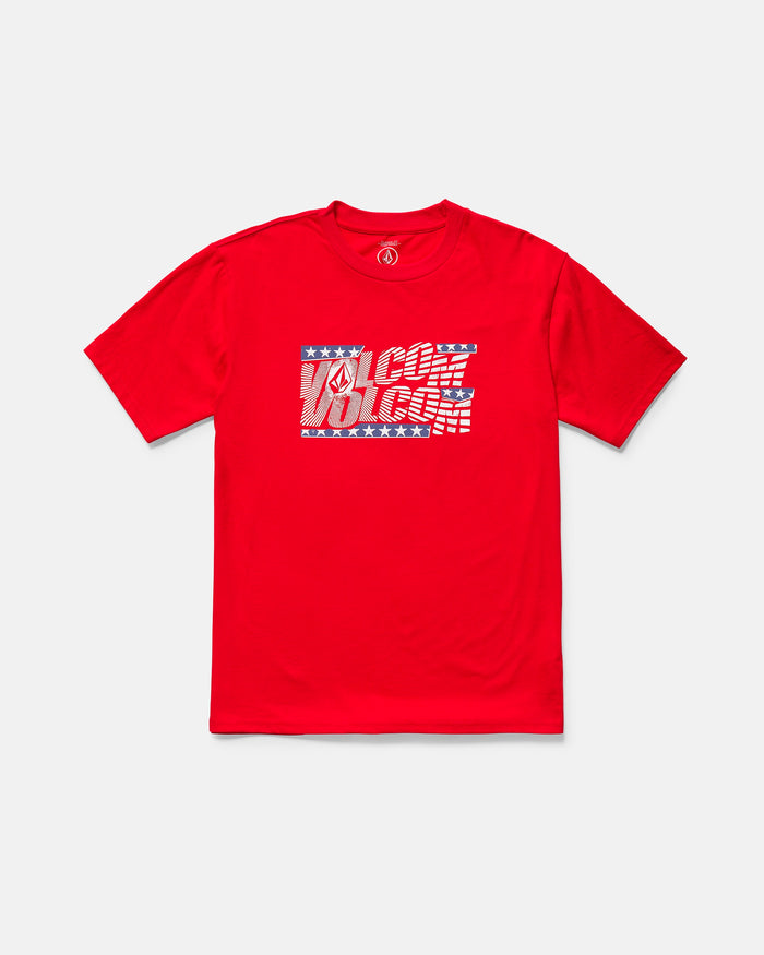 The Kids' Glory Daze Short Sleeve Tee by Volcom is a red, 100% cotton classic fit shirt featuring a rectangular VOLCOM graphic with stars and stripes inspired by the American flag.
