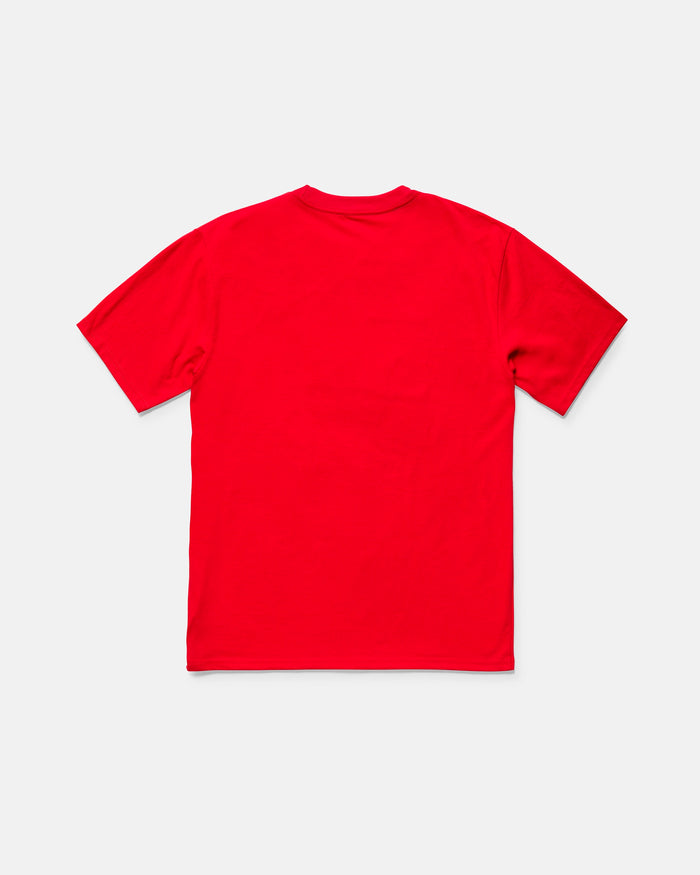 The Kids' Glory Daze Short Sleeve Tee by Volcom is a classic fit, red 100% cotton t-shirt shown laid flat on a white background from the back.