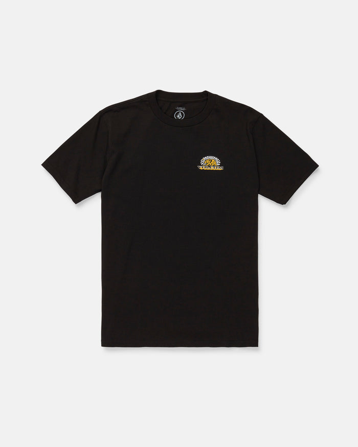The Men's Golden Bear Short Sleeve Tee by Volcom is a black, heavyweight cotton t-shirt featuring a small yellow and white Volcom Stone graphic with text on the left chest, shown laid flat on a white background.