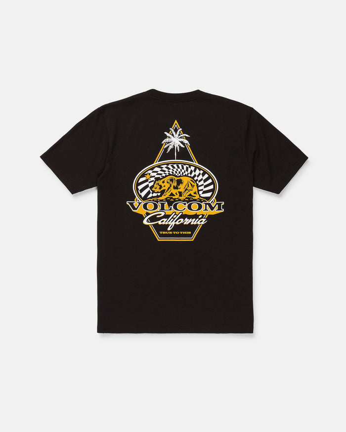 The Men's Golden Bear Short Sleeve Tee by Volcom features a black design with a graphic on the back showcasing a palm tree, checkered pattern, and yellow bear—a tribute to the iconic Golden Bear tee. Bold white and yellow “VOLCOM California” text completes the look. Made from heavyweight cotton for lasting comfort, this classic tee brings signature Volcom Stone attitude to your everyday style.
