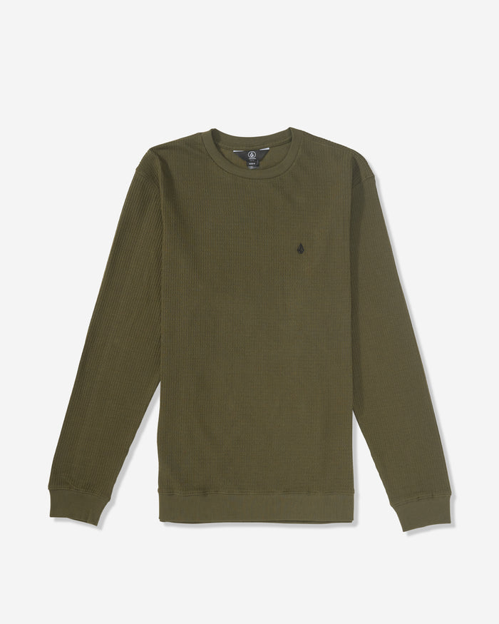 The Men's Gridstone Crew Long Sleeve by Volcom in olive green features ribbed cuffs and a small embroidered logo on the left chest, shown laid flat on a white background.