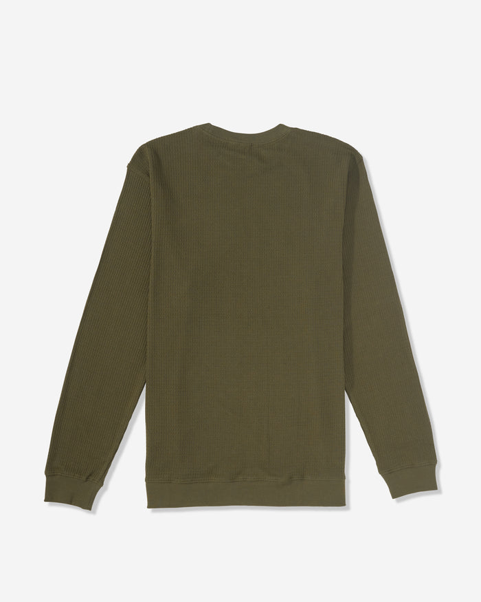 The Volcom Men's Gridstone Crew Long Sleeve in olive green is displayed flat from the back, featuring ribbed texture and cuffs, set against a plain white background.