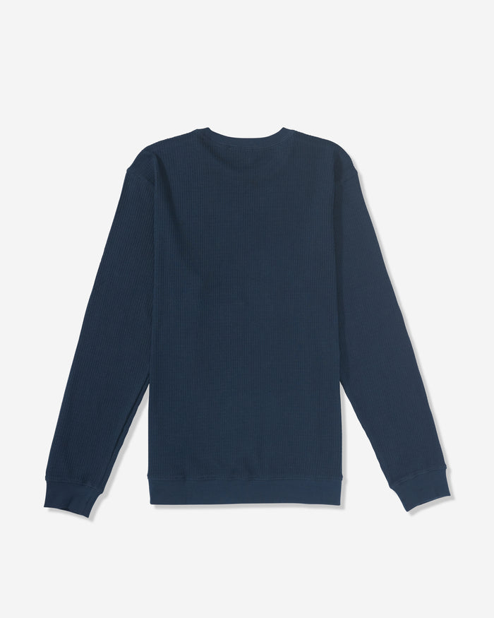 The Volcom Men's Gridstone Crew Long Sleeve is displayed flat on a white background, back side up, highlighting its navy blue color, crew neckline, and ribbed cuffs.