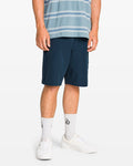 A person wearing a blue striped shirt, Volcom Men's Harbor Hybrid Shorts with a 20-inch outseam, white socks with a black logo, and white sneakers stands against a plain white background.